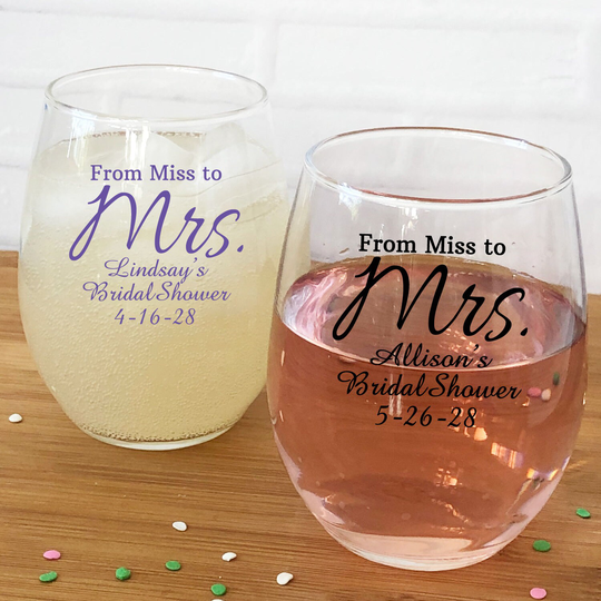 Printed 24 Pieces Of From Miss To Mrs. Personalized Stemless Wine Glass Favors - Bridal Shower {Item#727-2}