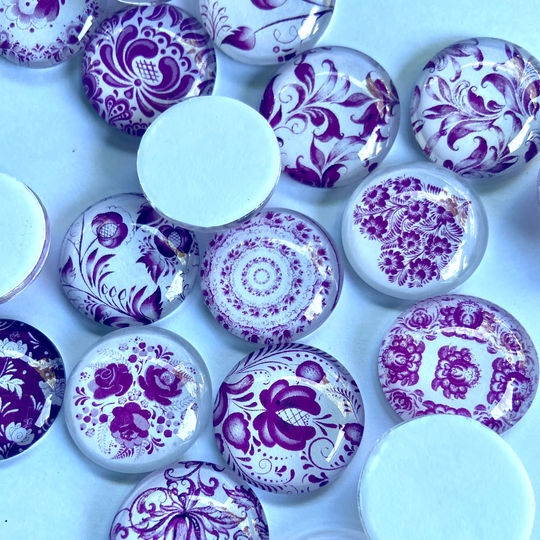 10 Floral Purple Round Glass Cabochons 1 Inch