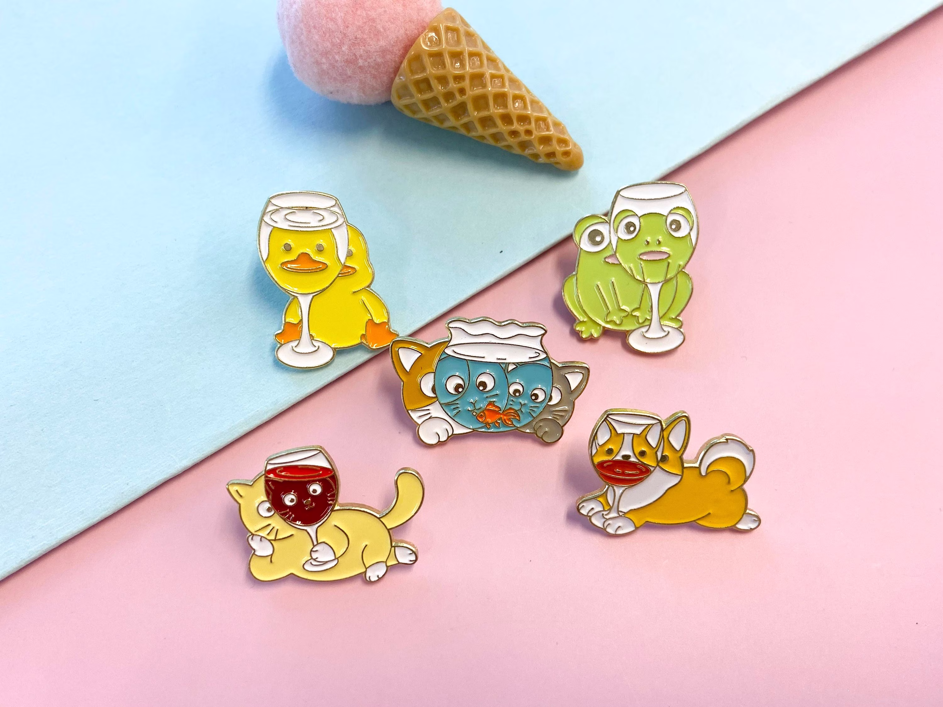 Animals in Wine Glass Pin Duck/ Frog/ Cat/ Dog Enamel Pins Lapel Hard Cute Set Gift For Her