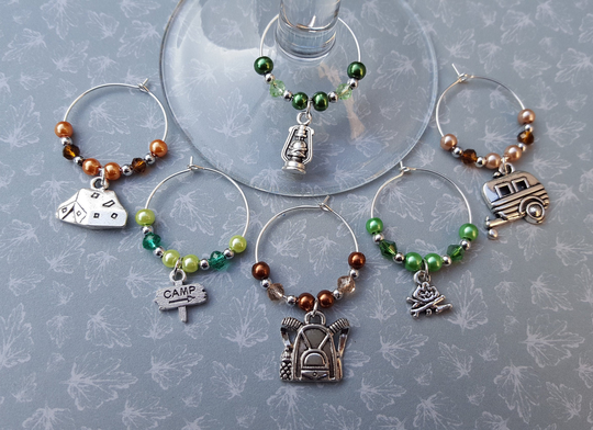 Camping Wine Glass Charms Set Of 6 Great Outdoors Quirky Gift For Lovers, Perfect Parties