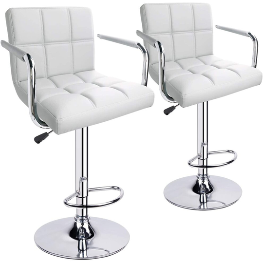 (2 pcs) Bar Stools Set Breakfast Dining Stools with Armrest Backrest Adjustable Swivel Gas Lift White