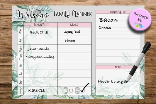 Personalised Family Wall Planner Wipe Clean White Board Dry Organiser Weekly Meal Weight Loss Shopping List Foliage
