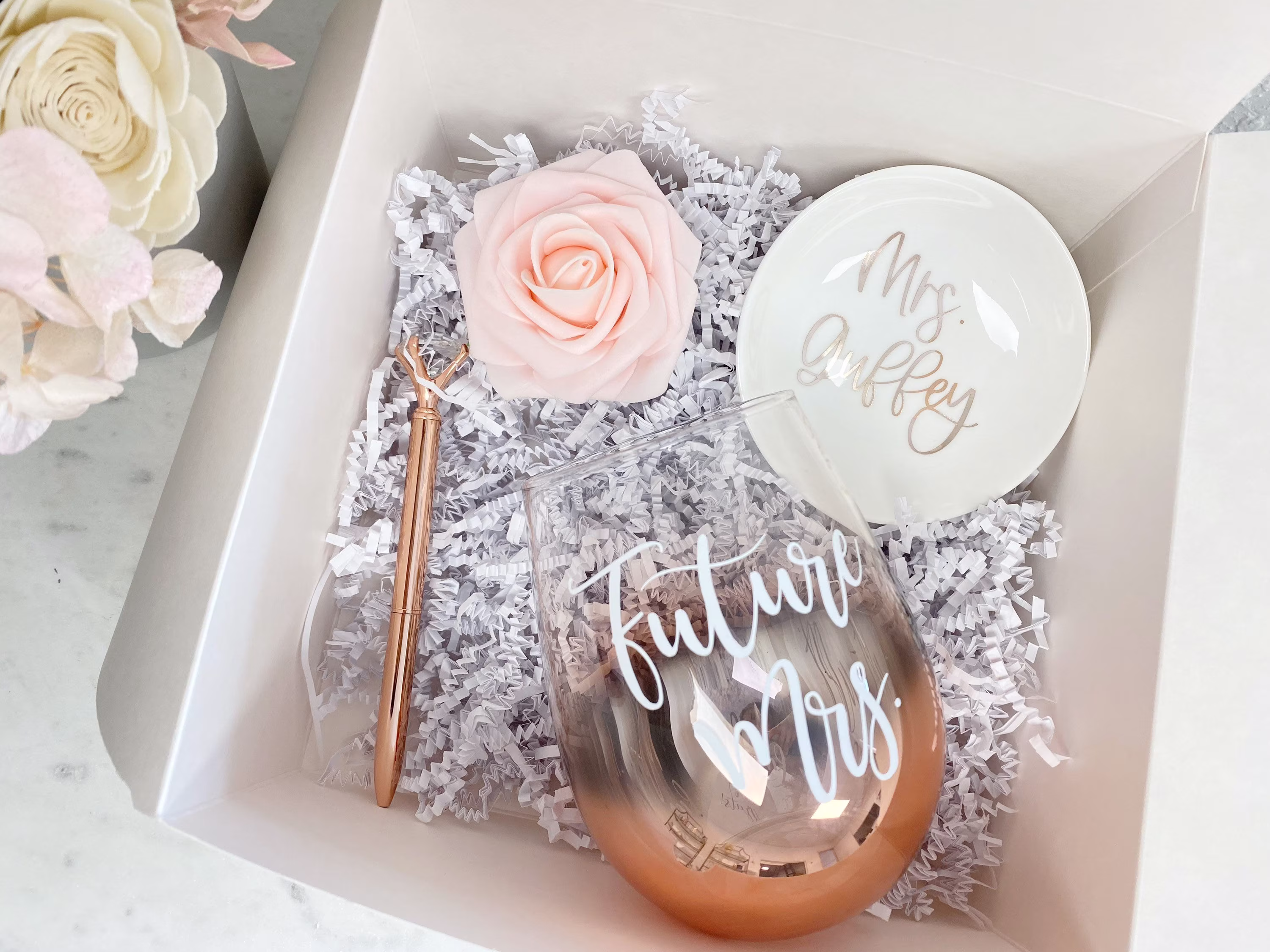 Future Mrs Gift Box - Bride To Be Gifts - Rose Gold Ombre Personalized Wine Glass For Bridal Shower Box Ring Dish Wedding Candles