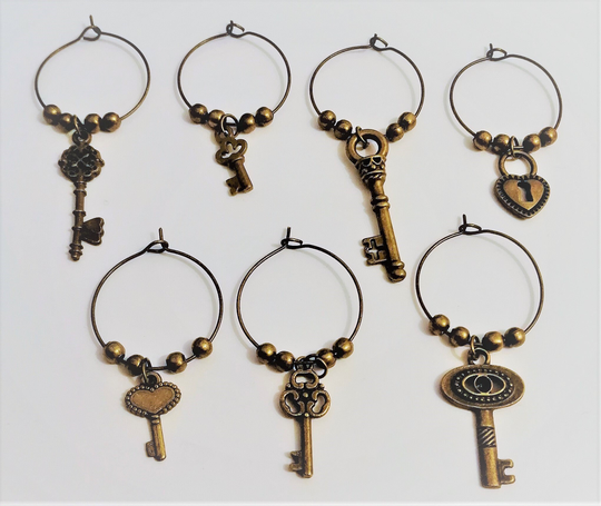 6 X Antique Vintage "Key' Wine Glass Charms & Free