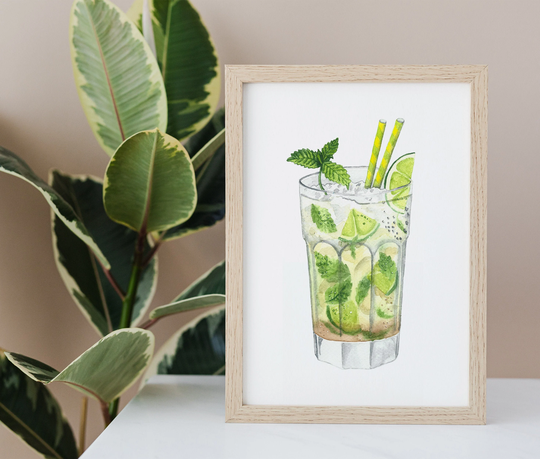 Mojito Watercolor Cocktail Print Unframed, Bar Decoration, Mixed Drink Wall Art, Signature Cocktail, Alcoholic Illustration