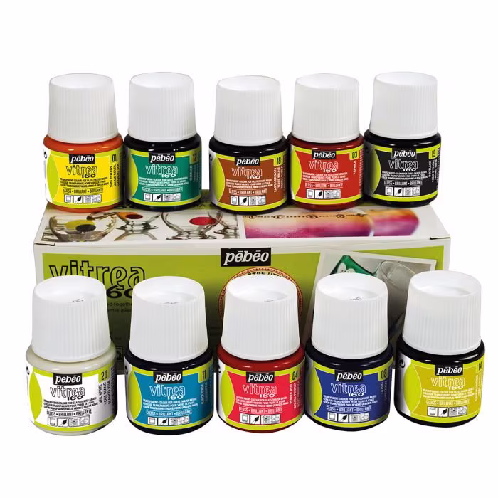 Pebeo Vitrea 160 Permanent Glass Paint Assorted Colours 10 X 45Ml Box Set