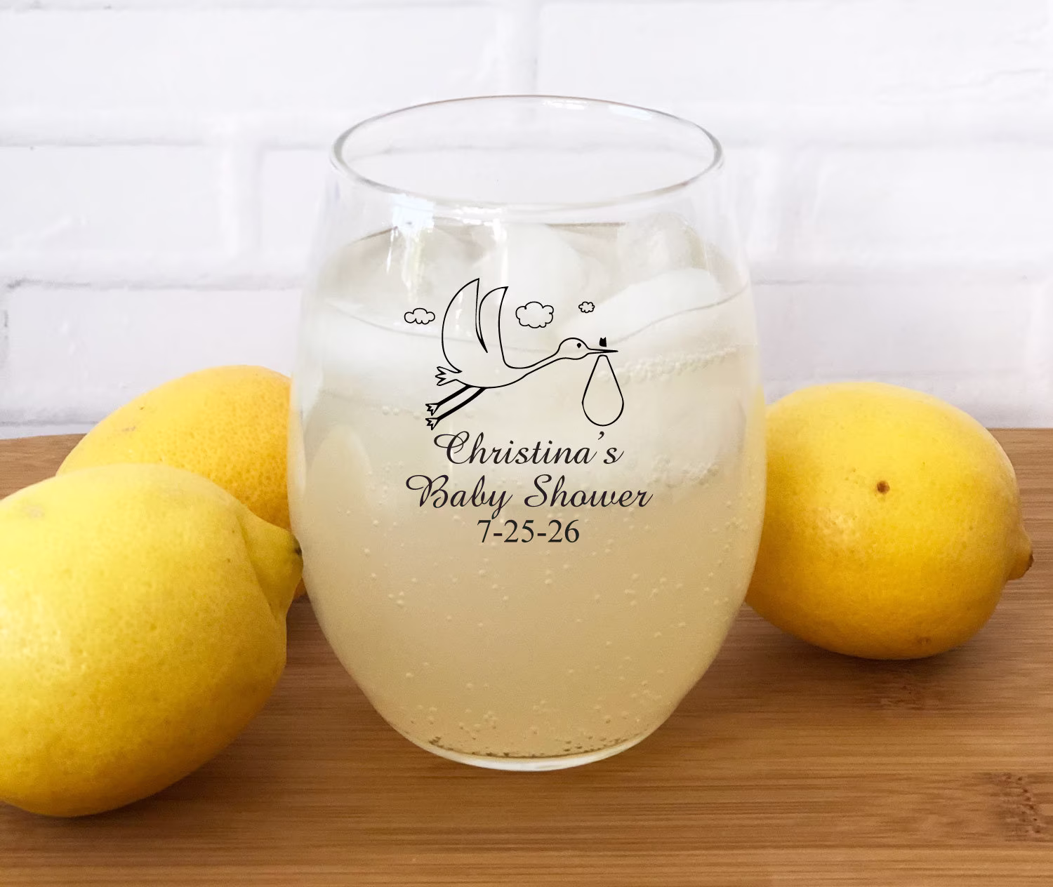 Printed 24 Pieces Stork Baby Shower Personalized Stemless Wine Glass Favors - {Item#858E-Q}