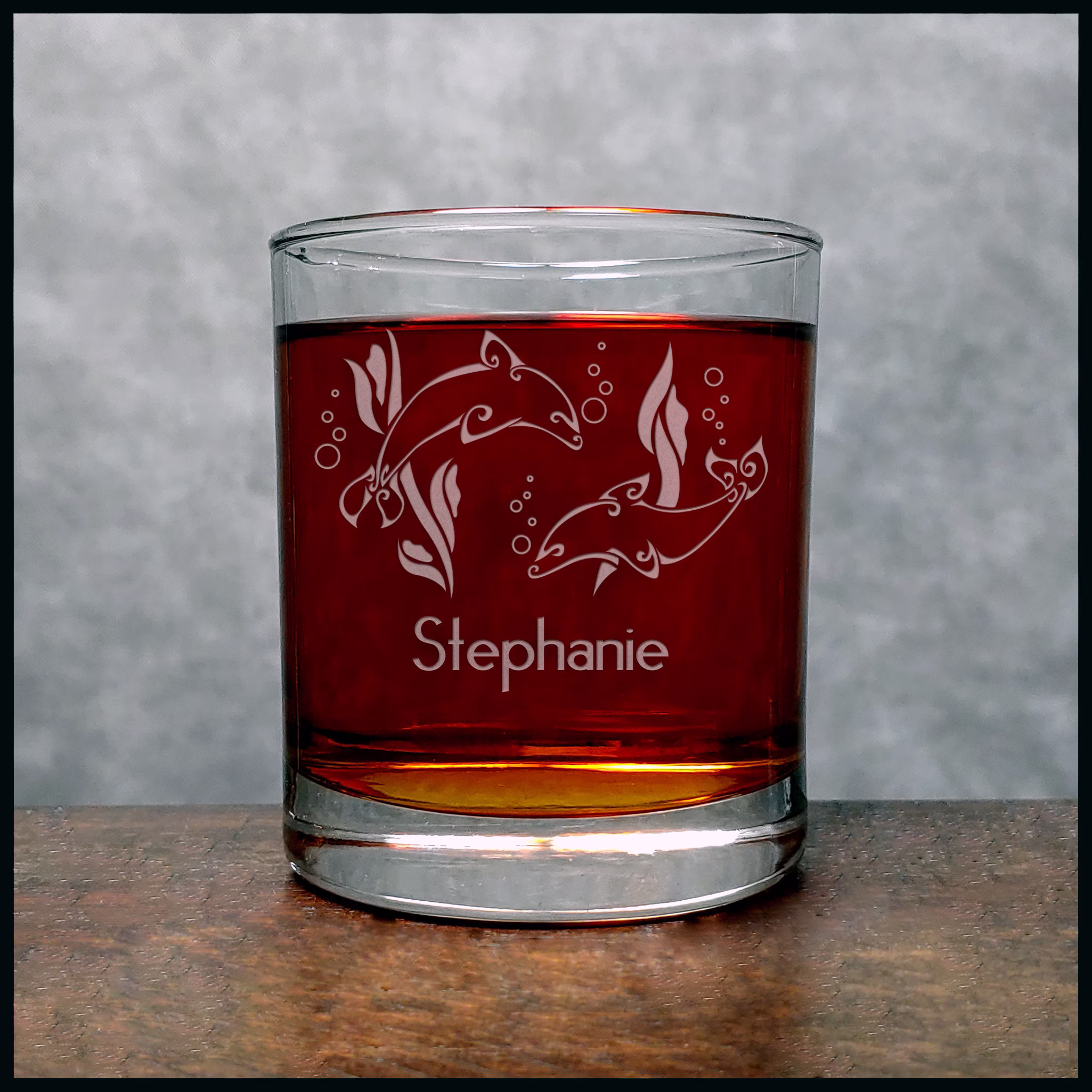 Dolphin Couple Engraved 11.2Oz Whiskey Glass - Deeply Etched Rocks -Free Personalization Personalized Gift