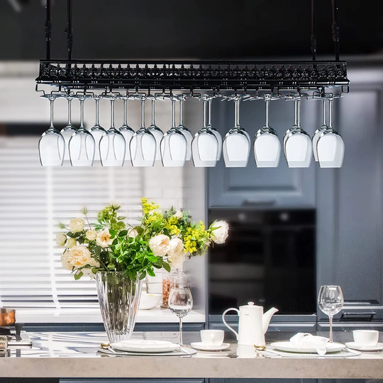 Industrial Retro Wine Glass Rack Under Cabinet Hung 48 Goblet Vintage Metal Bar Wine Glass Hanging Rack For Home Kitchen Bar (48 Goblet Black)