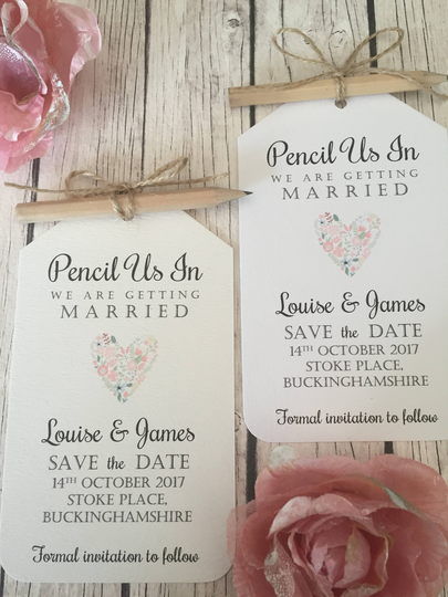 Save The Date Vintage/Rustic Pencil Us in Floral Heart Wedding Tags, Pencil, Twine, Magnetic, Fridge Magnet