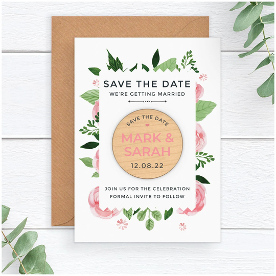 Spring Summer Autumn Winter Wedding Save The Date Cards - Personalised Rustic Wooden Fridge Magnet Pink Floral