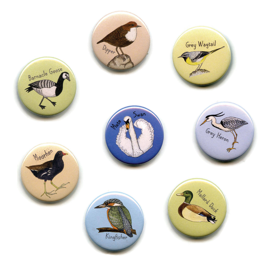 Water Bird Magnets Magnets, Pack Of Eight 38mm Round Button Fridge Swan Dipper Wagtail Moorhen Heron Kingfisher Mallard Duck Goose