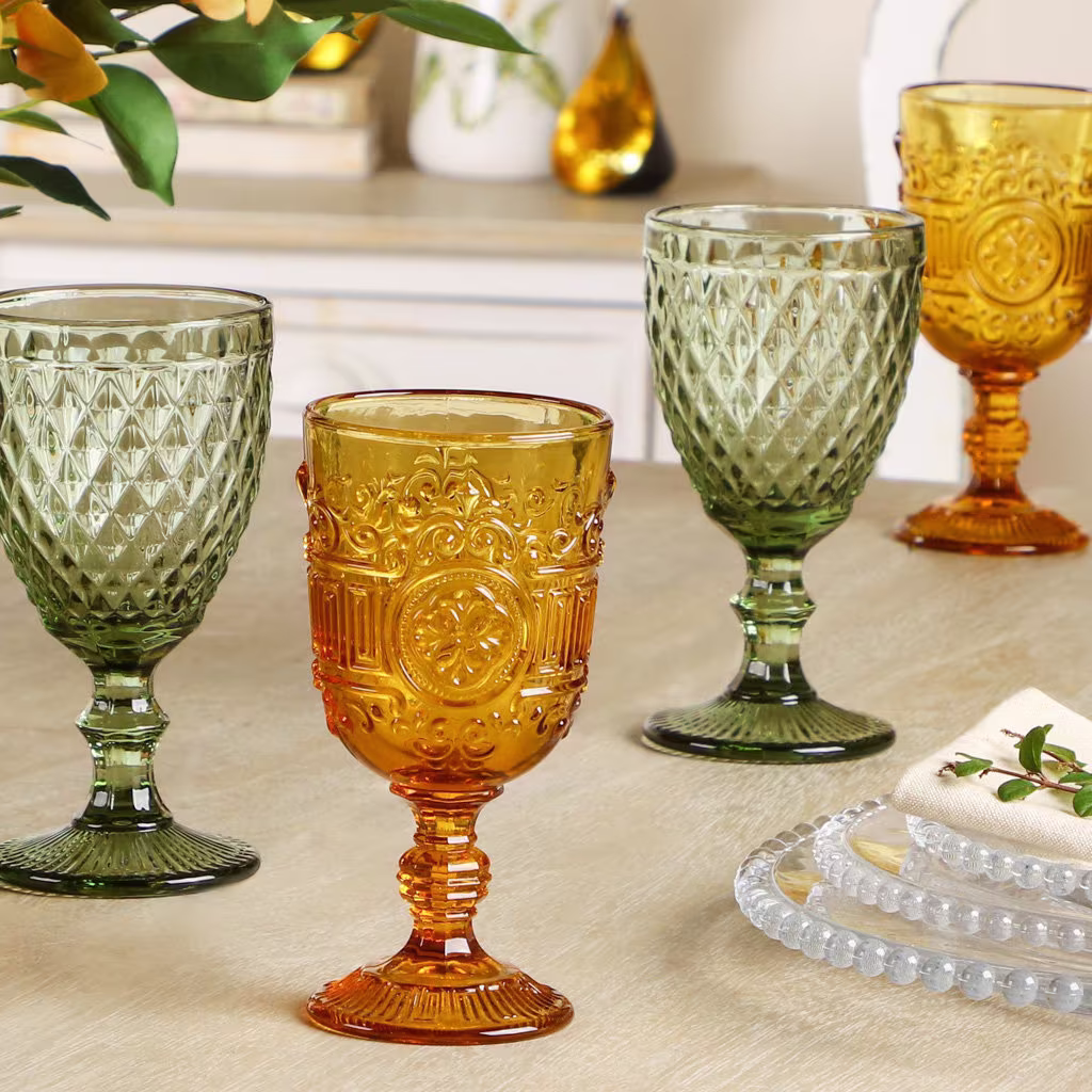 Set Of 4 Embossed Wine Goblet Glasses Green & Amber Vintage Style Mandala & Diamond Dishwasher Safe Dining Table Glassware