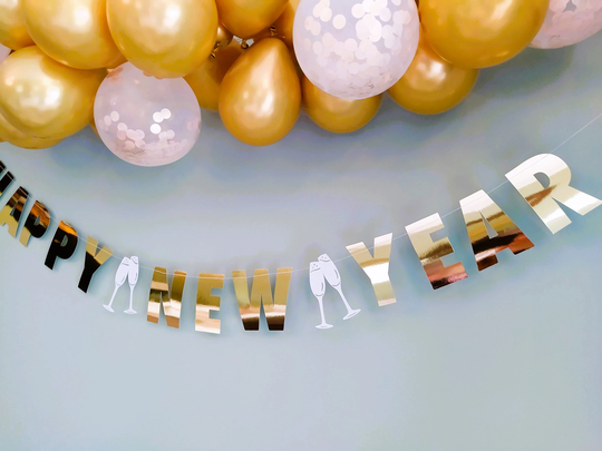 Happy New Year Banner, Year's Eve Party Decoration, Mirror Gold, Silver With Sparkly Champagne Glass Motif, Large 2 Metre Garland