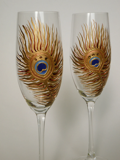 Hand Painted Gold Peacock Feathers With Crystals Wedding Toasting Champagne Glasses Set Of 2