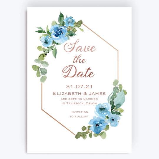 Blue & Copper Floral Personalised Printed Wedding Save The Date Cards & Envelopes