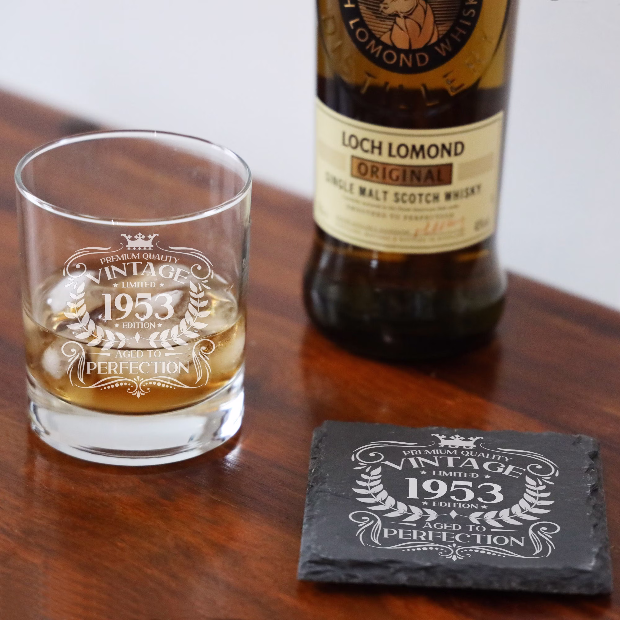 Vintage 1953 Engraved Whiskey Glass - 70Th Birthday Aged To Perfection 70 Year Old Gifts Bourbon Scotch Whisky Tumbler & Coaster Set