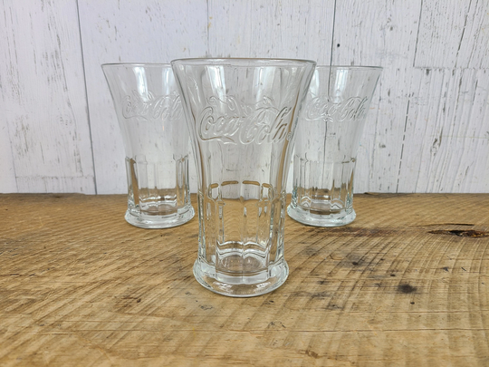 Vintage Set Of 3 Coca-Cola Clear Libbey Glass Cups Heavy Thick Drinking Glasses Coke Soda Pop Coca Cola Drinkware Collectible Glassware