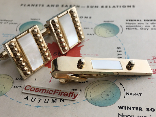 1950's Vintage Modernist Cufflinks Antique Pearl Art Deco Tie Bar