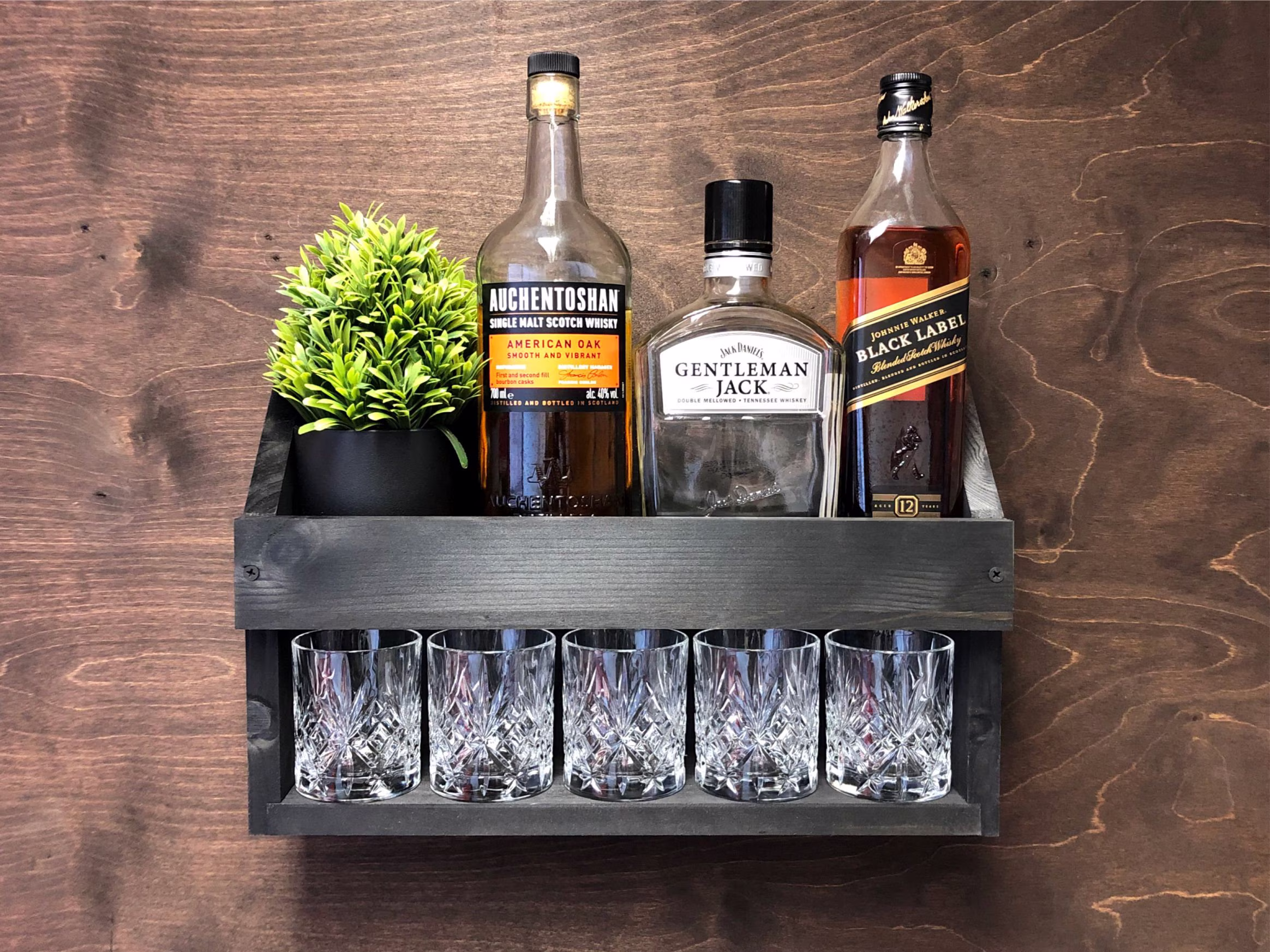 Personalised Wooden Rum Whisky Bottle Shelf & Tumbler Holder - Black Display Home Bar Whiskey Man Cave | W-Bl | Em