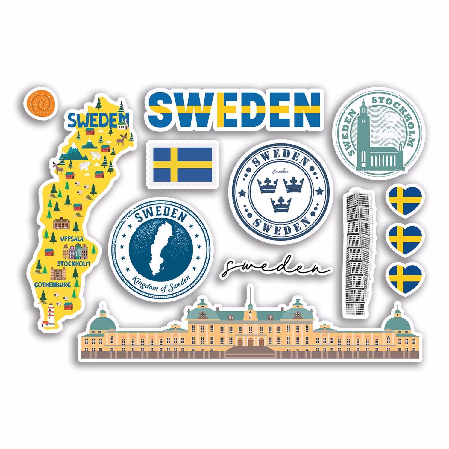 A5 Sticker Sheet Sweden Landmarks Vinyl Stickers - Swedish Map Airport Stamps Skyline Flag Travel Holiday Culture City Aesthetic #78487