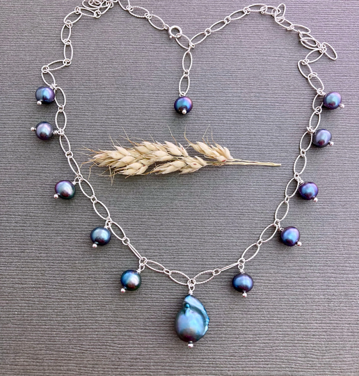 Blue Baroque Pearl Shaker Dangle Necklace, Sterling Silver Fancy Chain, Wire Wrapped Freshwater Pearls, Gifts For Mom N104G