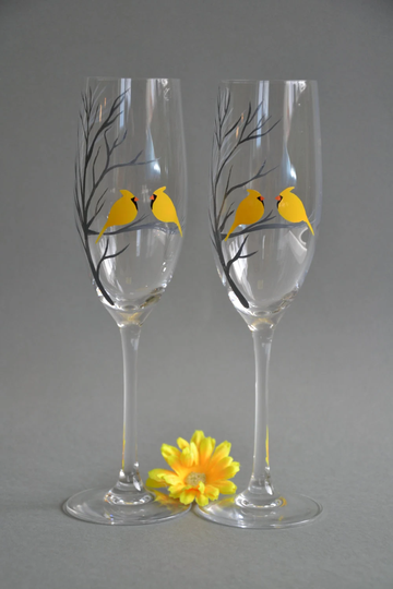 Hand Painted Wedding Toasting Flutes Set Of 2 Personalized Champagne Glasses Tree & Yellow Cardinals