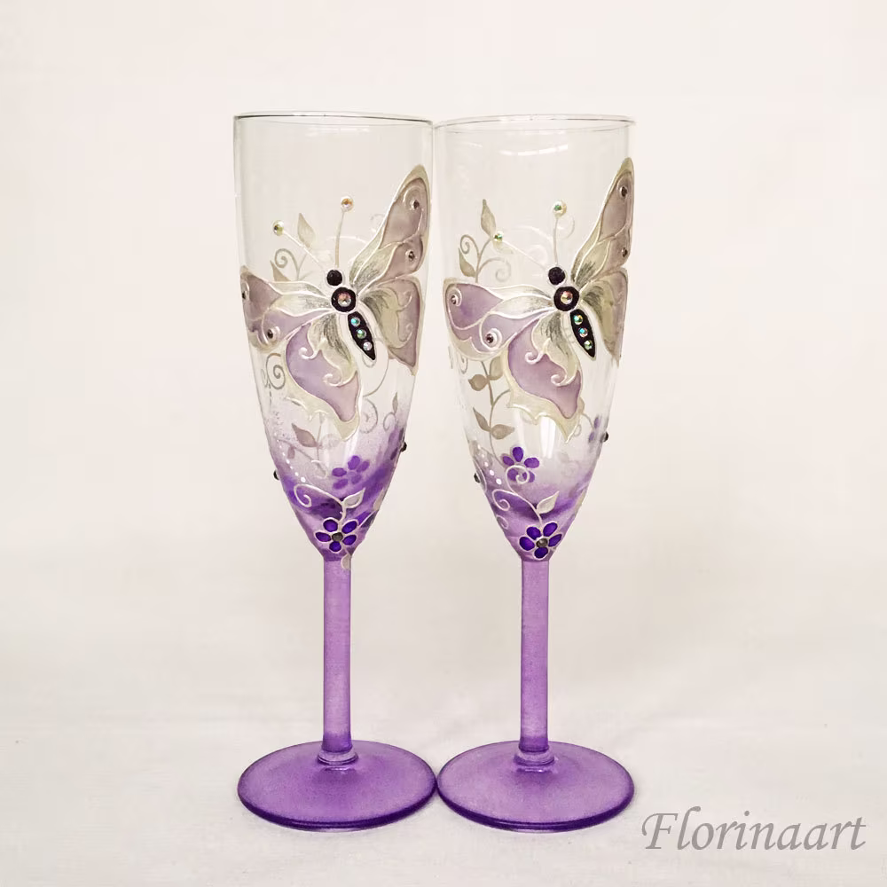 Purple Wedding Glasses, Wine Butterfly Set, Glasses
