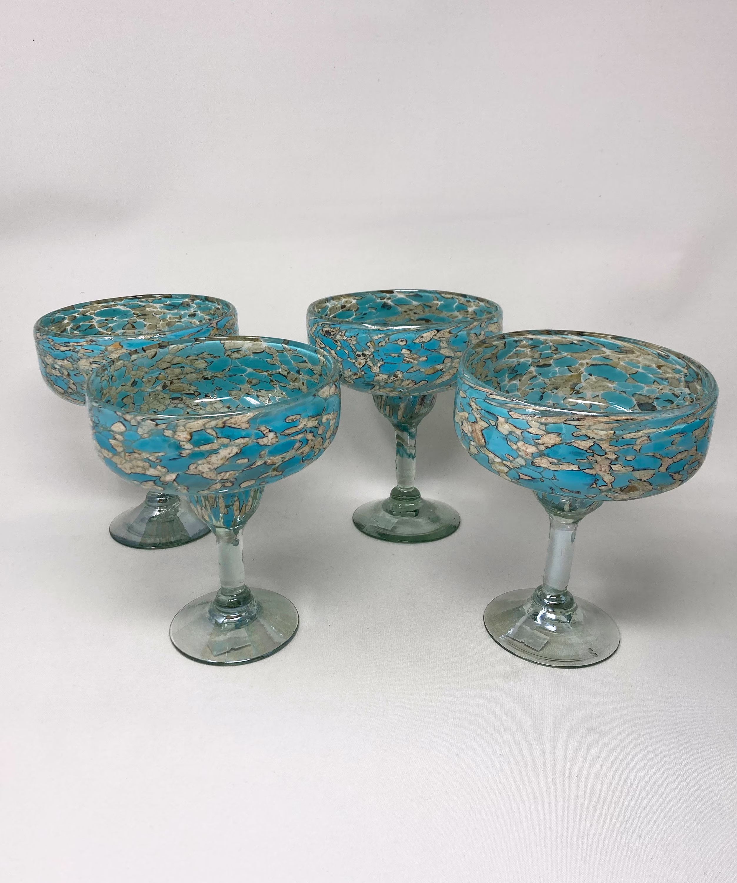 4 Hand Blown Margarita Glasses - Teal/Tan Confetti