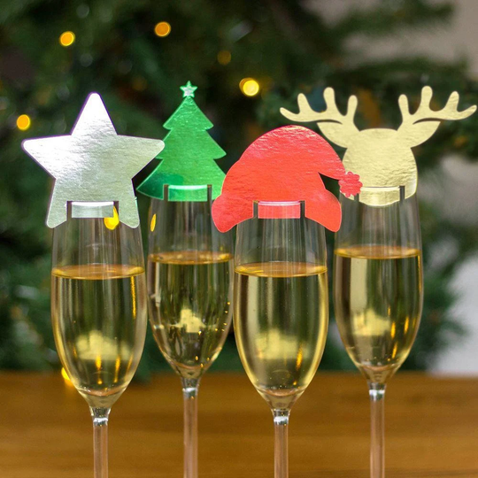 4 Novelty Christmas Drinks Toppers Hat Reindeer Star Tree, Festive Party Table Decoration, Wine Glass
