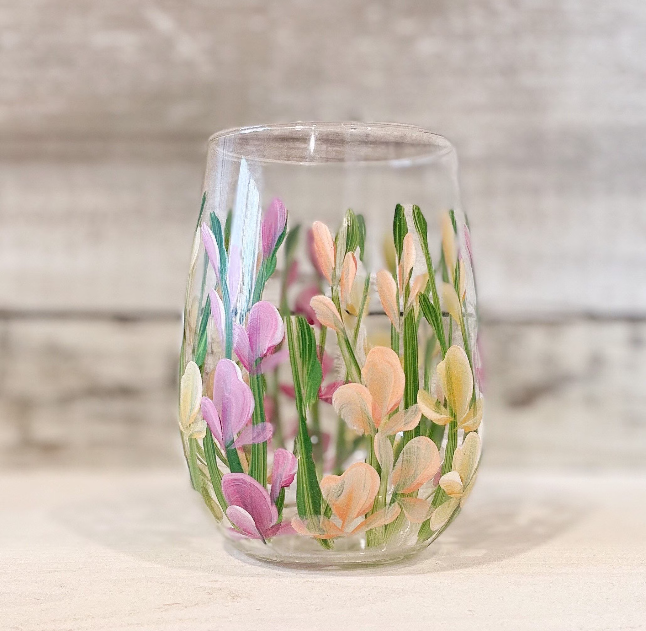 Painted Sweet Peas Stemless Wine Glasses. Hand Painted Tumbler Perfect For Your Favourite Wine