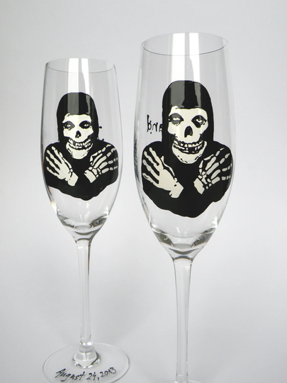 Hand Painted Wedding Toasting Flutes Set Of 2 Personalized Champagne Glasses Helloween Skeleton
