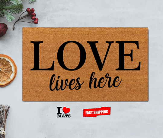 Love Lives Here Doormat, Funny Housewarming Gift, Closing Gift , Welcome Front Monogram Rug, Cactus Doormat