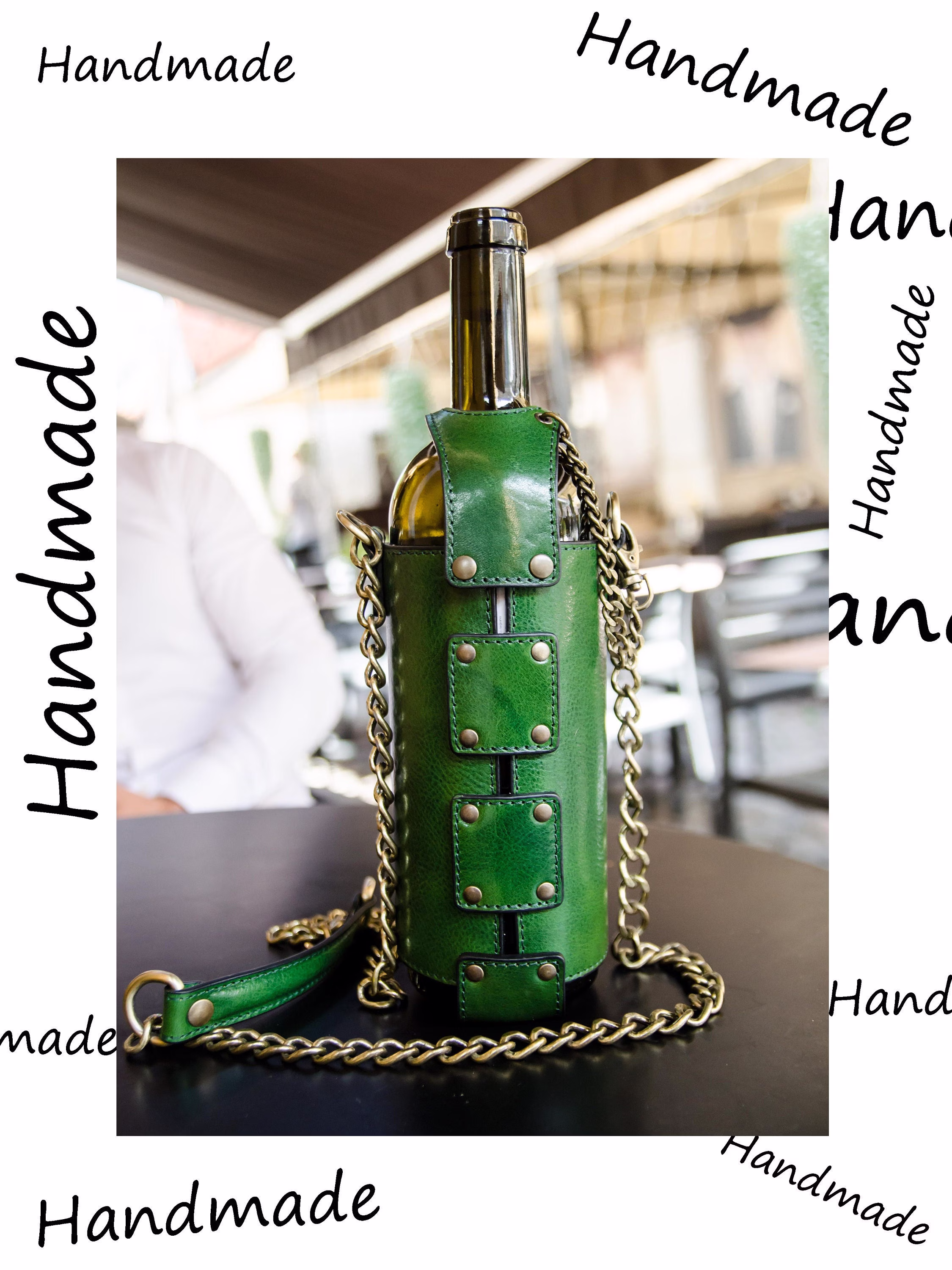 Green Leather Wine Tote, Full-Grain Bottle Carrier, Gift For Him, Personalized Bag, Christmas Her - Saving Grapes