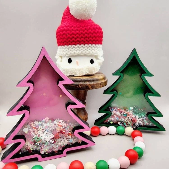 Christmas Tree Shaker Sign, Decor, Tiered Tray Pink Tree