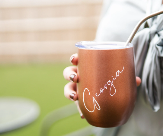 Personalised Stainless Steel Wine Tumbler | Personal Gift For Her Matching Bestie Cups Rose Gold Design