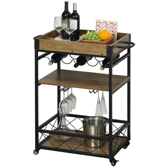 HOMCOM Retro Industrial Bar Serving Cart Rolling Kitchen Island Storage Utility Trolley with 5-bottle Wine Rack & Serving Tray | Aosom Ireland