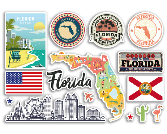 A5 Sticker Sheet Florida Landmarks Vinyl Stickers - Usa America States City Airport Stamps Skyline Flag Map Travel Holiday Scrapbook #79183
