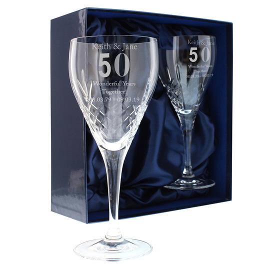 50Th Golden Wedding Anniversary Engraved Crystal Wine Glasses Personalised Gift