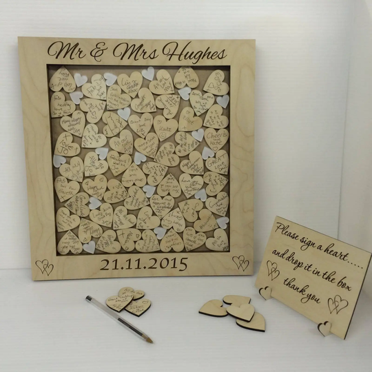 Personalised Birch Plywood White Hearts Drop Box Wedding Guest Book Rustic Vintage Guestbook Alternative Wooden Dropbox Gift