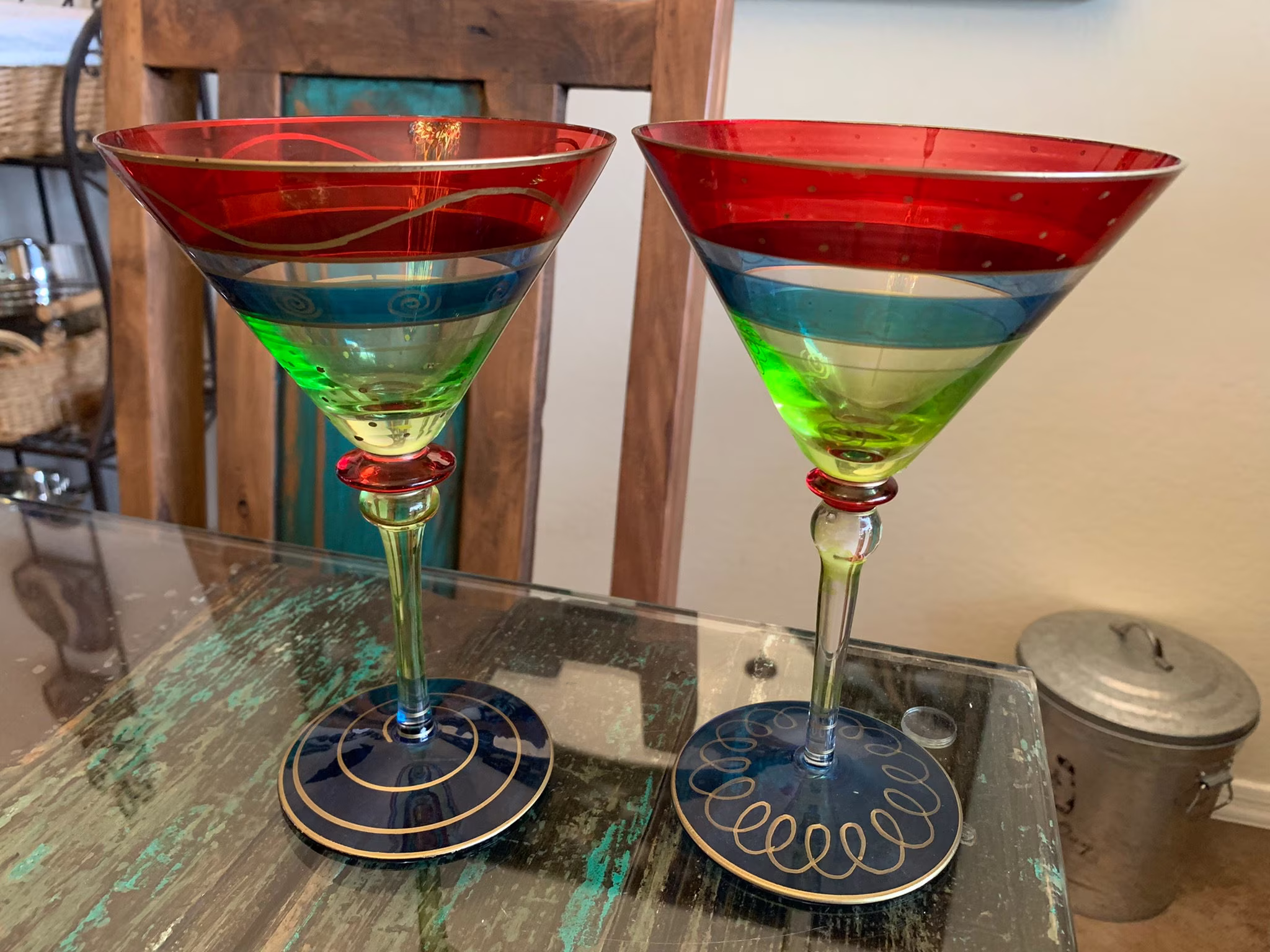 Two Pier One Imports Cocktail Romanian Glasses/Harlequin/Festive Glassware