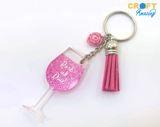 Rosé All Day Wine Glass Keychain with Leather Tassel - Pink Glitter Resin Gift For Her Lover Ceramic Rose Charm Handmade