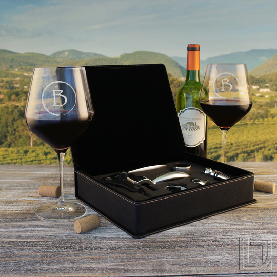 Personalized Crystal Wine Decanter & Tool Gift Set With Rabbit Style Corkscrew & Bottle Stopper | Set Optional Stemware