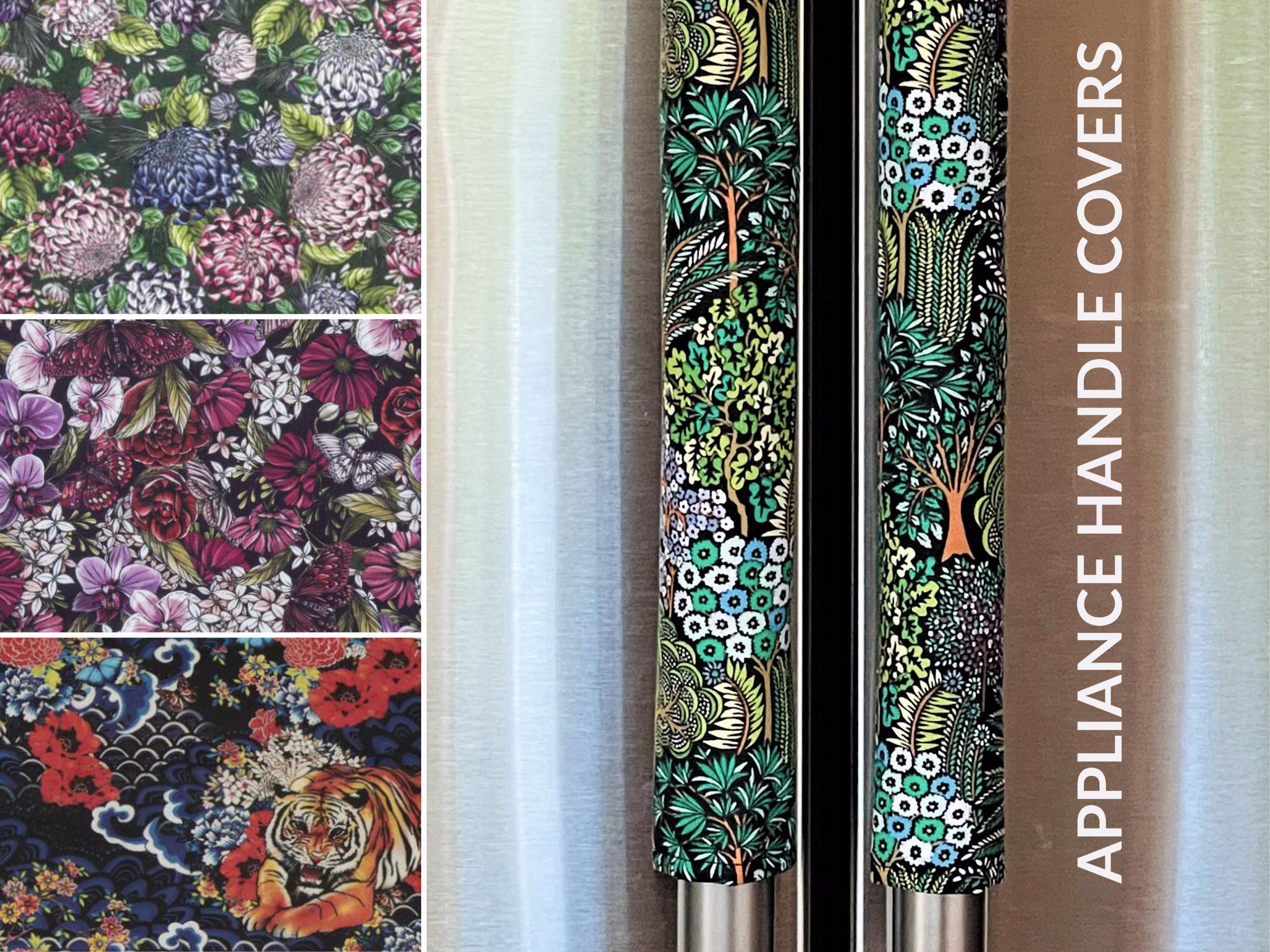 Tree Of Life, Floral Mums. Cotton Padded Fridge Appliance Door Handle Cover. Oven Kitchen Decor. 16 Inches. Potholders. Washable