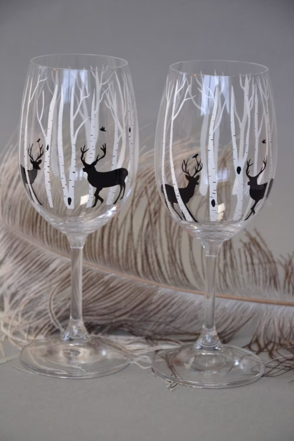 Hand Painted Wine Glasses Set Of 2 Deers & Birch Trees Black White Design Personalized Gift
