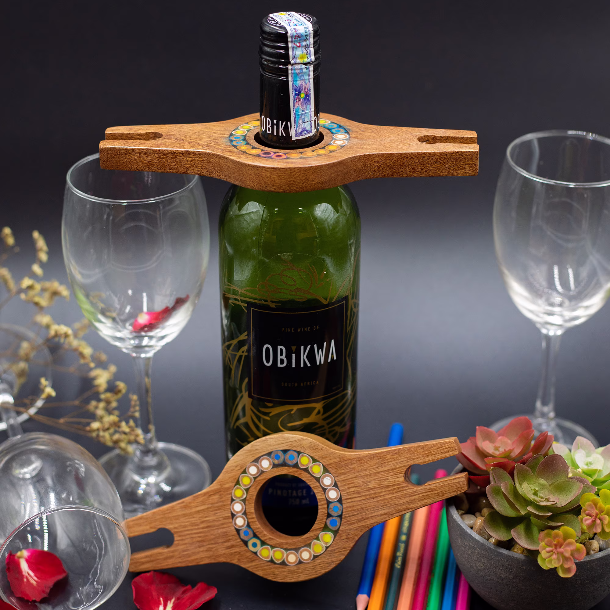 Colored-Pencil Wood Wine Glass Caddy | Wooden Rack With 2 Long Stem Glasses