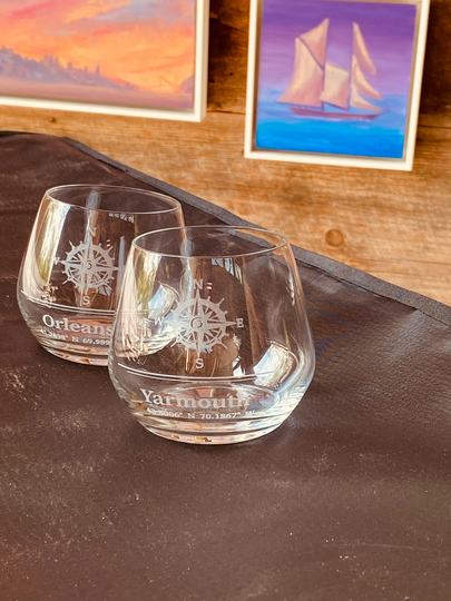 Cape Cod Location Coordinates 12 Ounce Stemless Wine Glass With Nautical Compass Rose Design Can Be Personalized