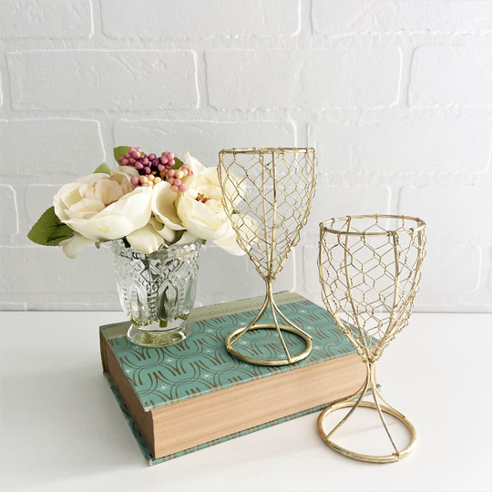 Vintage Gold Goblets, Chicken Wire Wine Glasses, Wedding Decorations, Decor, Party Decor