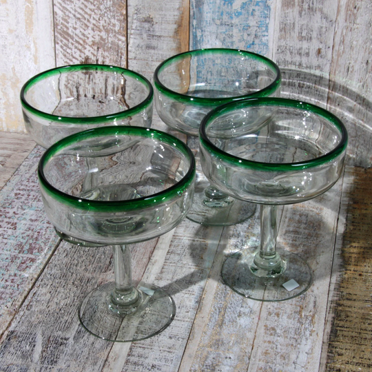 Mexican Recycled Green Rim Margarita Glasses X 4