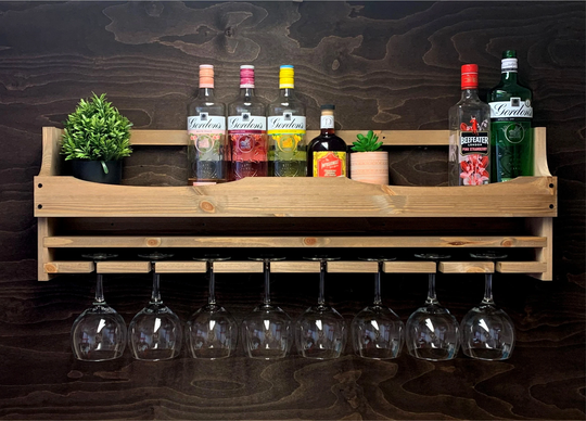 Large Light Oak Rustic Wooden Gin Rack To Hold 8 Balloon Glasses & 10 Bottles - Wall Mounted Display Home Bar She | 8Gwo | El